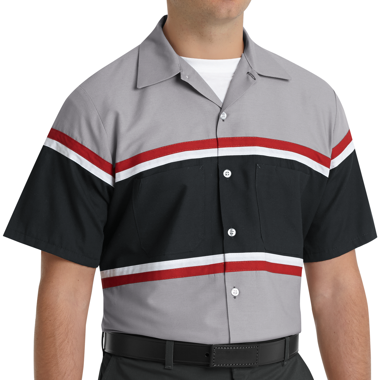 Red Kap Men's Short Sleeve Technician Shirt-Grey / Black w/Red / White Stripe