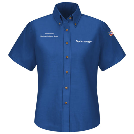 Camisa de vestir de popelina de manga corta para mujer de Volkswagen® (pecho izquierdo): Royal Volkswagen