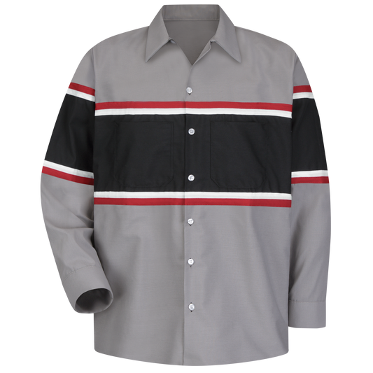 Red Kap Men's Long Sleeve Technician Shirt-Grey / Black w/Red / White Stripe