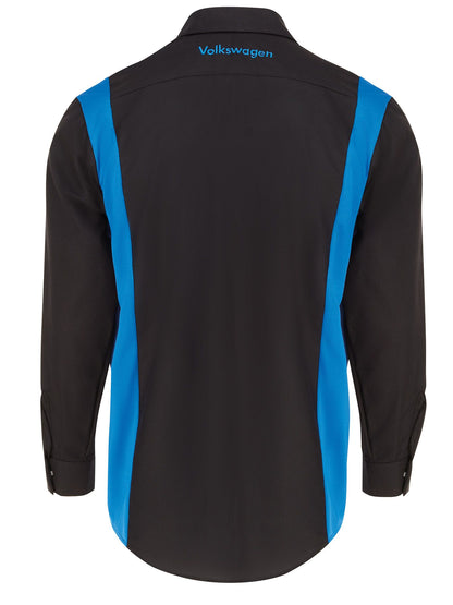 Camisa técnica de manga larga OilBlok de Volkswagen, color negro y azul