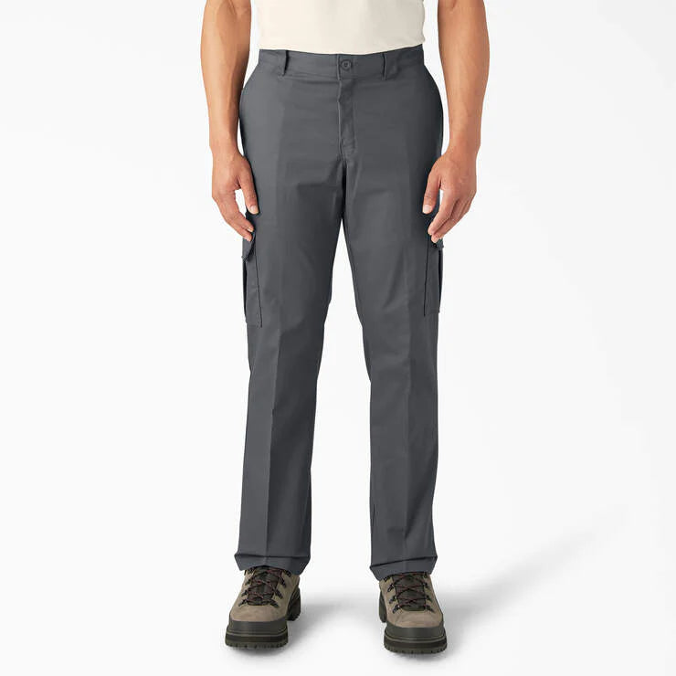 Charcoal straight-leg cargo pants with black shoes