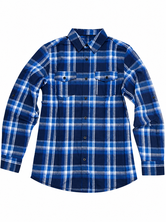 Burnside B8210 - Men's Blue / White Plaid Long Sleeve Flannel Shirt – Button-Up Casual Shirt - B8210 (Blue / White)